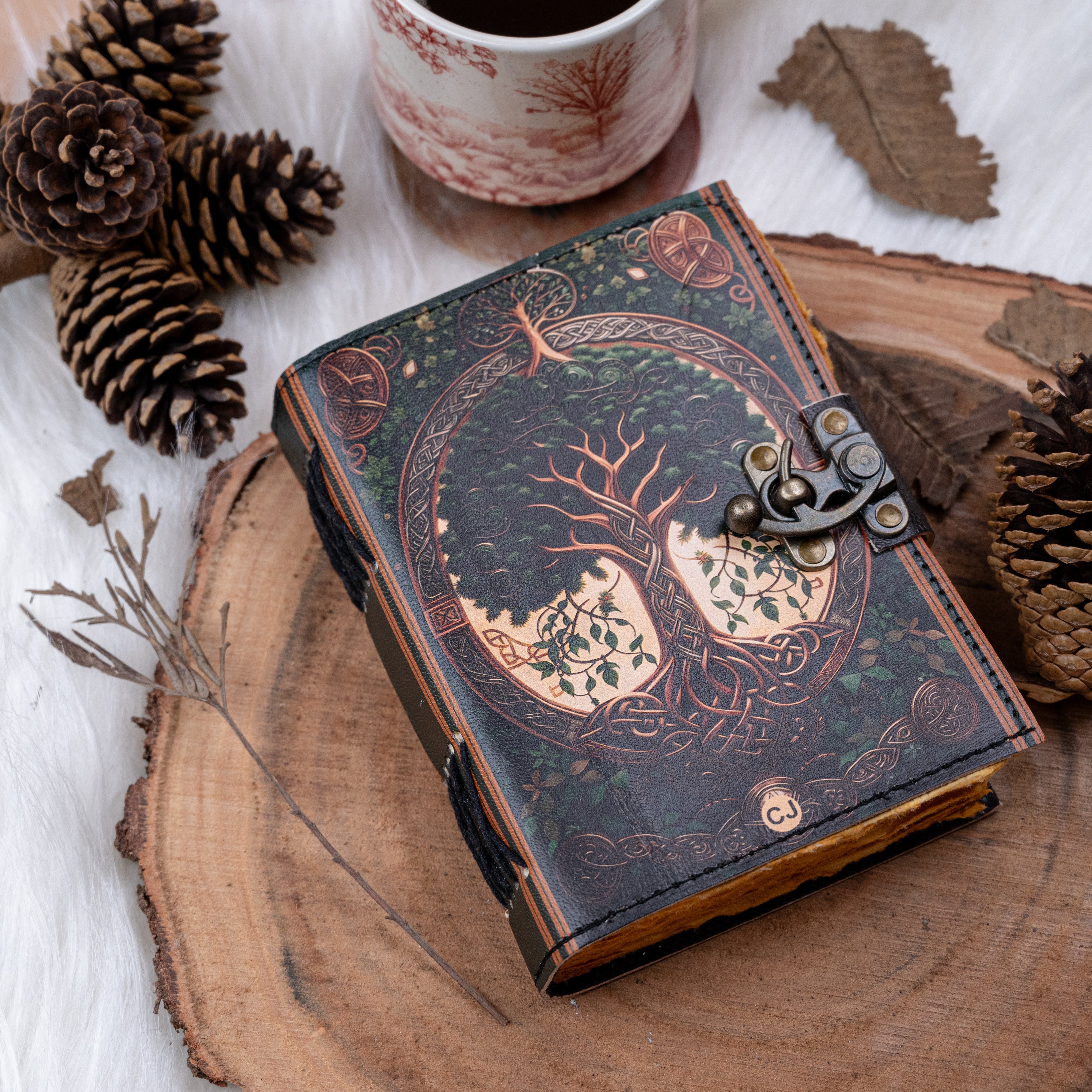 Leather Journal Notebook with Vintage Paper Tree Print