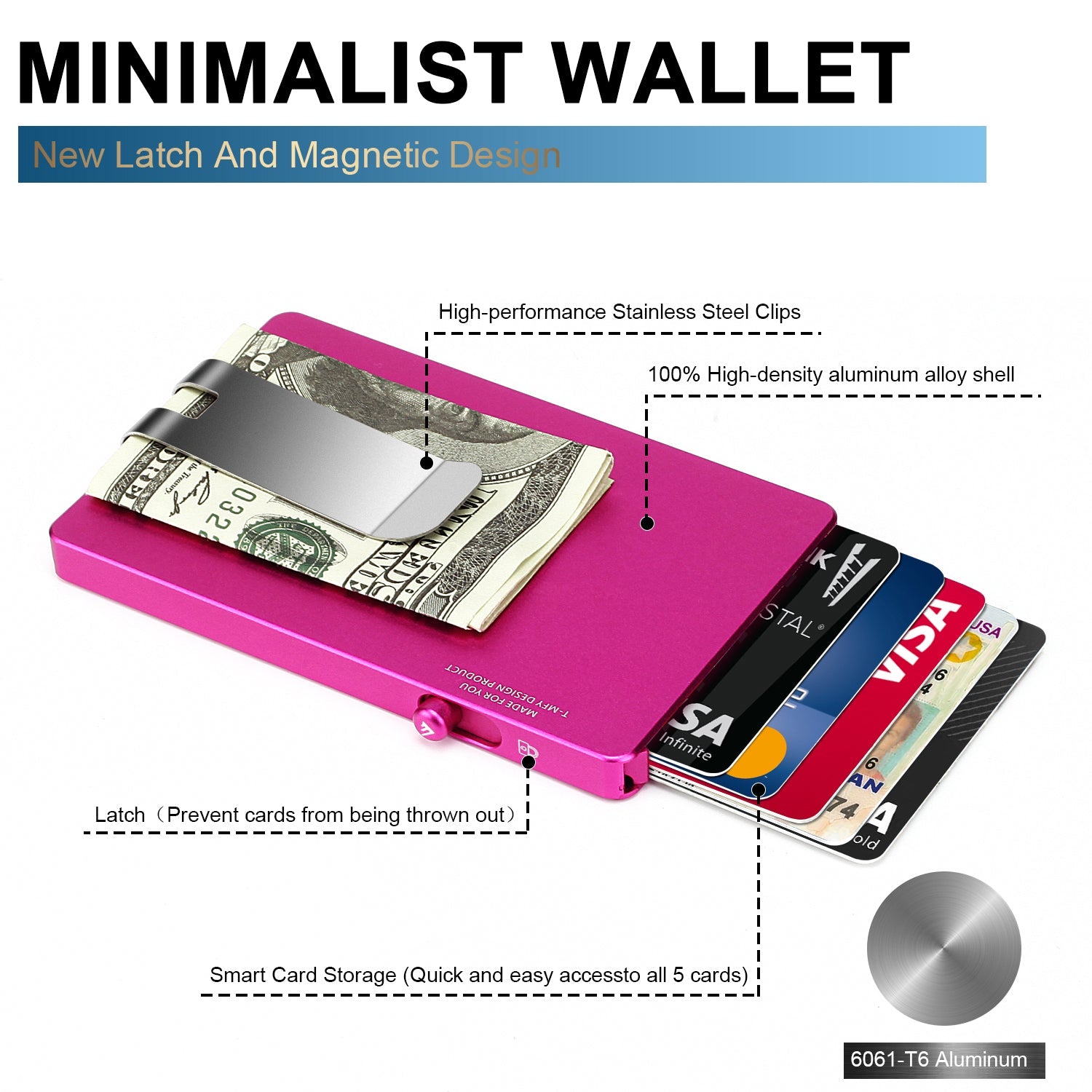 Minimalist Pop up Wallet with Money Clip, All Aluminum Slide Rfid Slim Card Holder