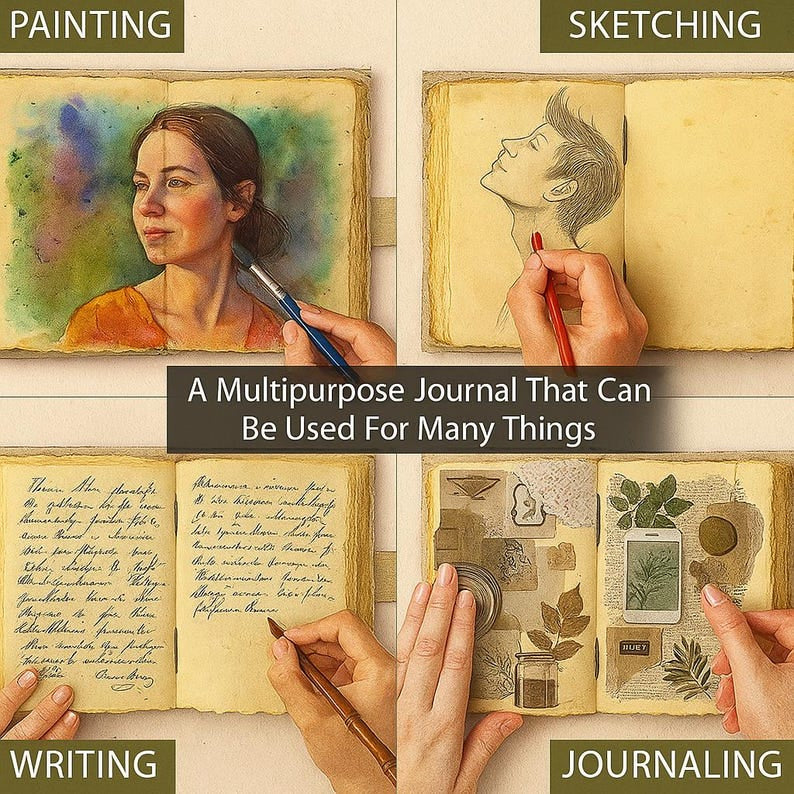 Leather Journal Notebook with Vintage Paper Tree Print